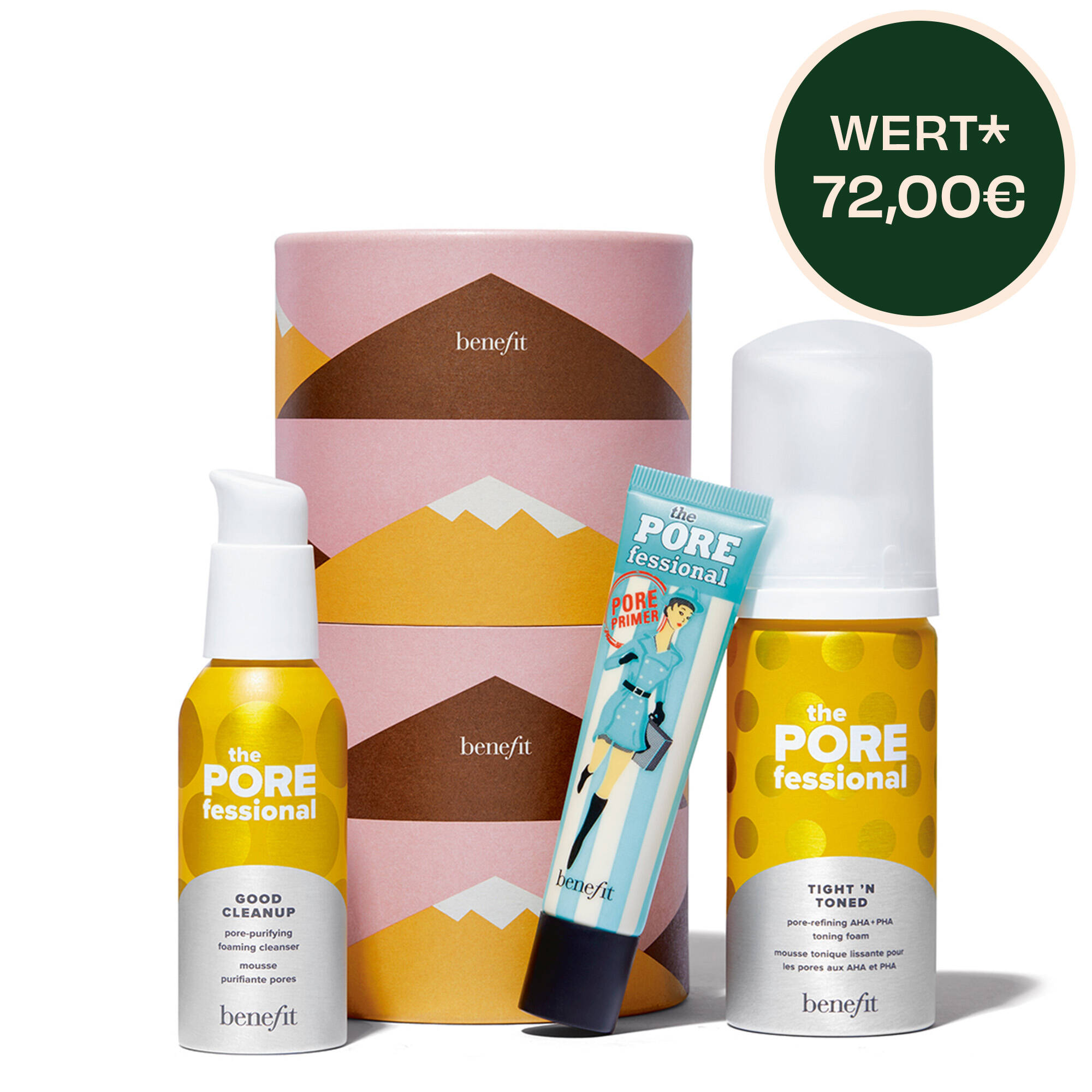 Holiday Pore Score Pflege Set – Full-Size Primer, Mini Reinigungsschaum & Schaum-Toner und Tonerde-Maske in Probiergröße