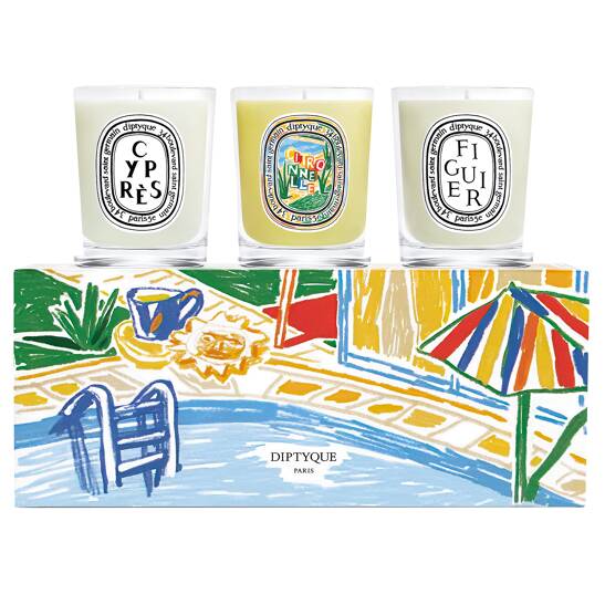 Figuier (Feigenbaum), Cyprès (Zypresse), Citronnelle (Zitronengras)  Geschenkbox mit 3 kleinen Kerzen